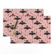 Cool bats flying dogs illustration design with geometric triangles and arrows for halloween and cool fashion pink