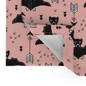 Cool bats flying dogs illustration design with geometric triangles and arrows for halloween and cool fashion pink