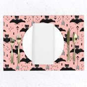 Cool bats flying dogs illustration design with geometric triangles and arrows for halloween and cool fashion pink