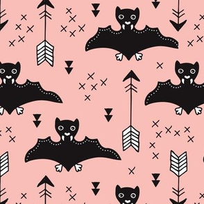Cool bats flying dogs illustration design with geometric triangles and arrows for halloween and cool fashion pink