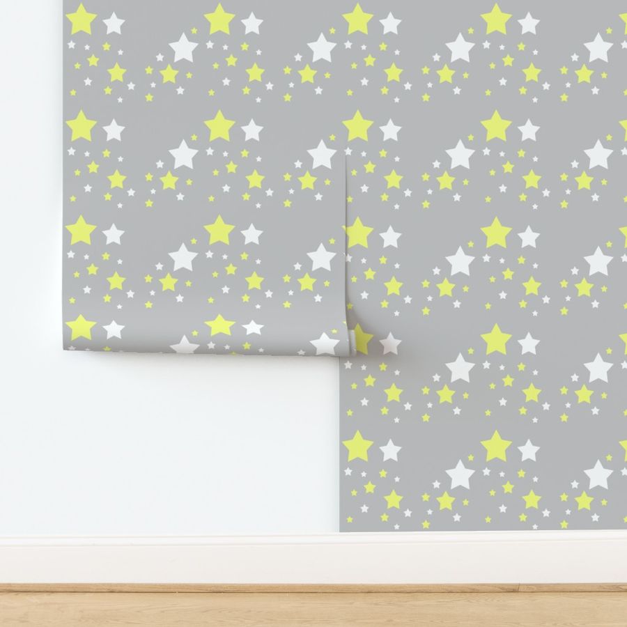 Celestial Yellow and White Stars on Grey Gray 