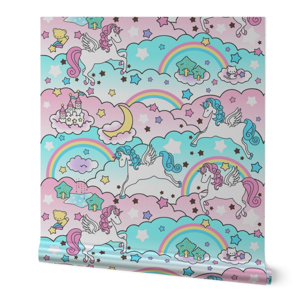 1 Pegasus winged unicorns pegacorns stars rainbows clouds trees ponds lakes teddy bears shooting cats fairy kei lolita sky skies pony ponies horses kawaii japanese inspired moon castles  colorful