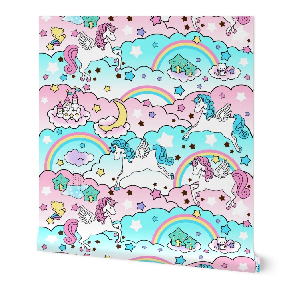 1 Pegasus winged unicorns pegacorns stars rainbows clouds trees ponds lakes teddy bears shooting cats fairy kei lolita sky skies pony ponies horses kawaii japanese inspired moon castles  colorful