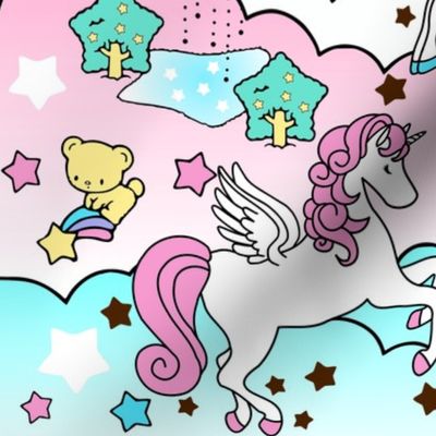 1 Pegasus winged unicorns pegacorns stars rainbows clouds trees ponds lakes teddy bears shooting cats fairy kei lolita sky skies pony ponies horses kawaii japanese inspired moon castles  colorful