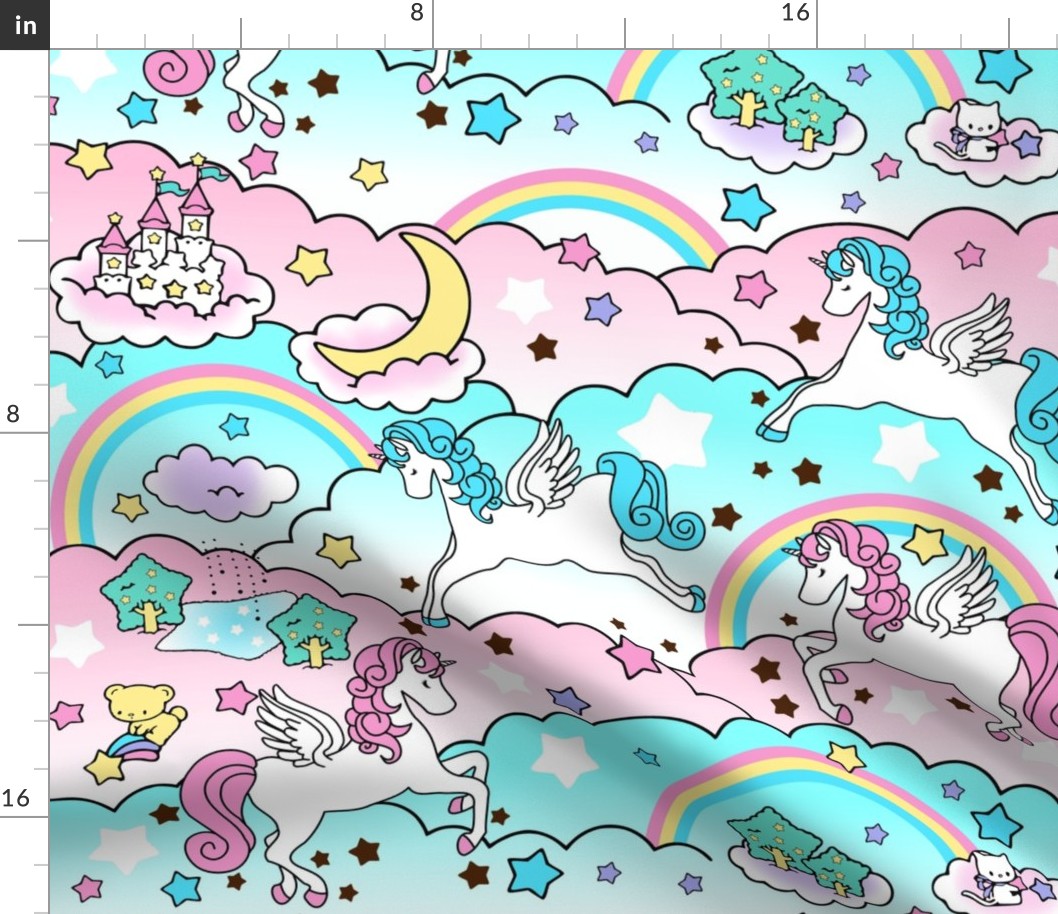 1 Pegasus winged unicorns pegacorns stars rainbows clouds trees ponds lakes teddy bears shooting cats fairy kei lolita sky skies pony ponies horses kawaii japanese inspired moon castles  colorful