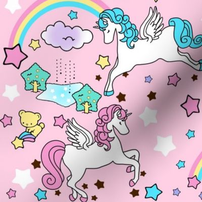 2 Pegasus winged unicorns pegacorns stars rainbows clouds trees ponds lakes teddy bears shooting cats fairy kei lolita sky skies pony ponies horses kawaii japanese inspired moon castles  colorful