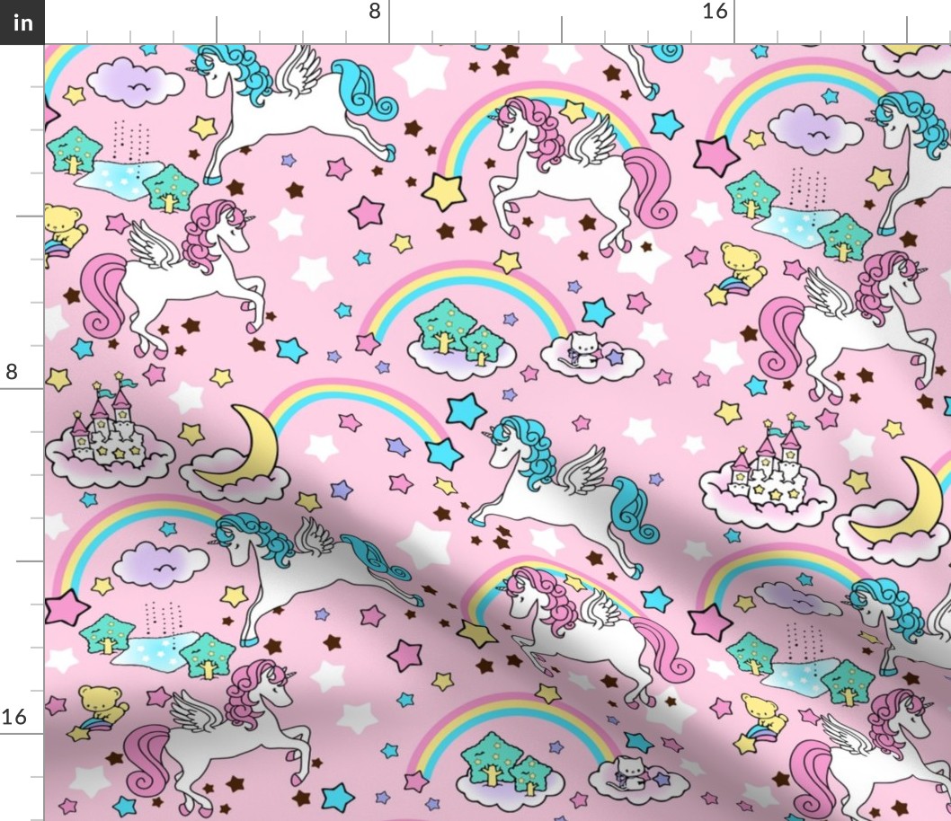 2 Pegasus winged unicorns pegacorns stars rainbows clouds trees ponds lakes teddy bears shooting cats fairy kei lolita sky skies pony ponies horses kawaii japanese inspired moon castles  colorful