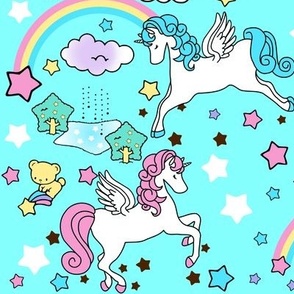 3 Pegasus winged unicorns pegacorns stars rainbows clouds trees ponds lakes teddy bears shooting cats fairy kei lolita sky skies pony ponies horses kawaii japanese inspired moon castles  colorful