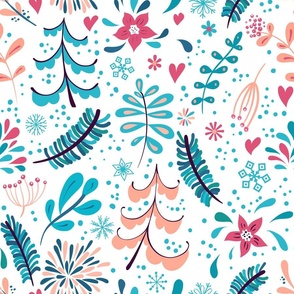 Winter flowers and snowflakes seamless pattern