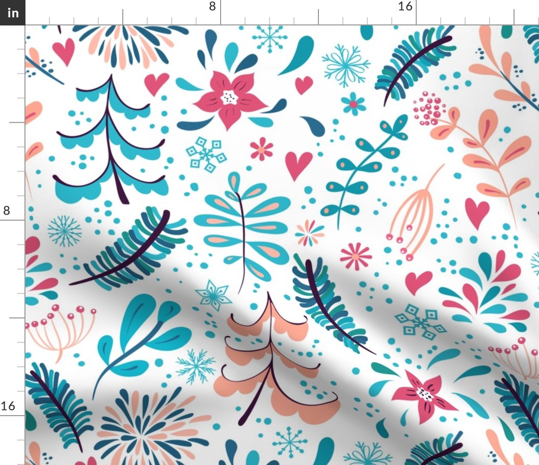 Winter flowers and snowflakes seamless pattern