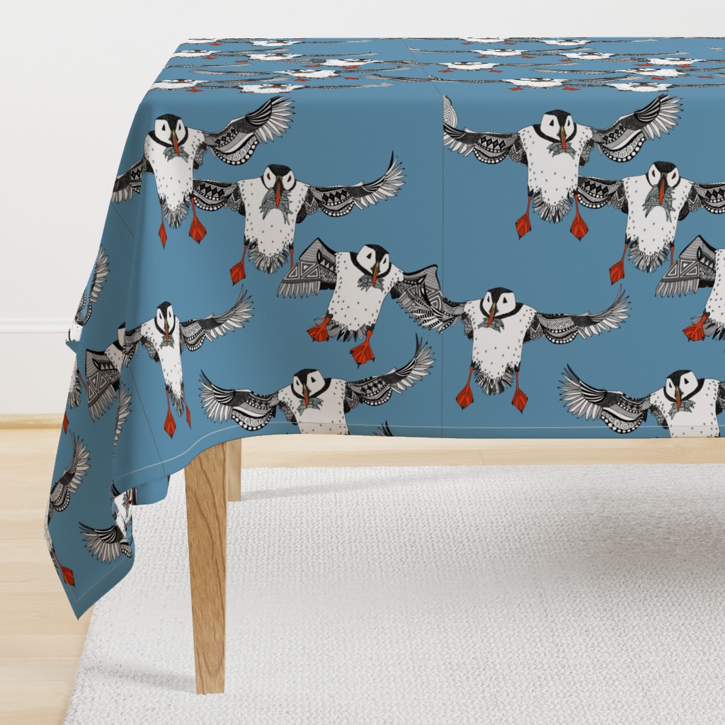 Atlantic Puffins blue tea towel