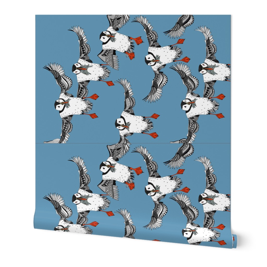 Atlantic Puffins blue tea towel