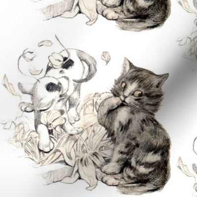vintage retro kitsch whimsical black cats kittens monochrome white dogs puppy puppies flowers playing 