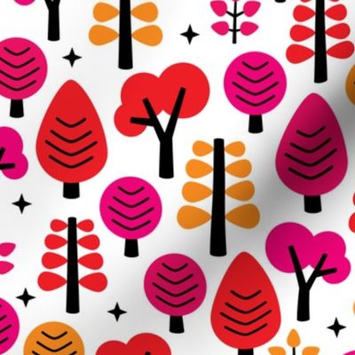 Colorful red woodland trees fun girls forest scandinavian kids print for fashion