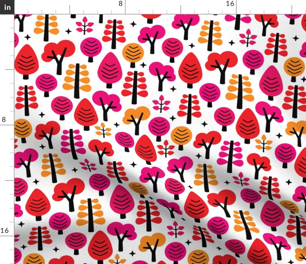 Colorful red woodland trees fun girls forest scandinavian kids print for fashion