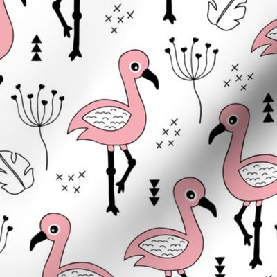 Cute little tropical flamingo birds for girls fun spring summer illustration design black and white