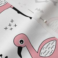 Cute little tropical flamingo birds for girls fun spring summer illustration design black and white