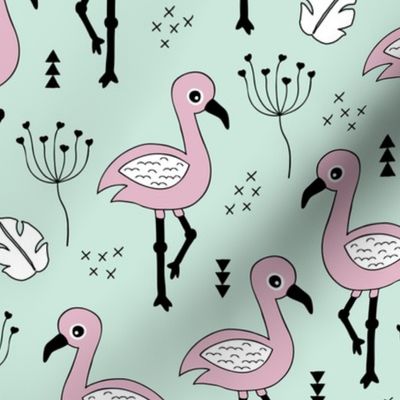 Cute little tropical flamingo birds for girls fun spring summer illustration design mint violet