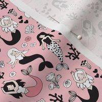 Sweet little mermaid girls theme with deep sea ocean coral illustration details pink black and white XS