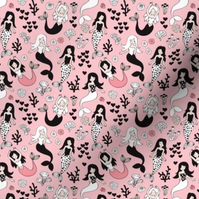 Sweet little mermaid girls theme with deep sea ocean coral illustration details pink black and white XS