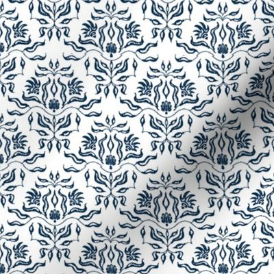 Seaweed Damask- Navy/White