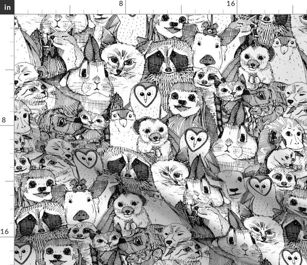 Stoff Meterware Hund Katze Schwarz Und Weiß Fuchs Tiere Niedlich Illustration Süß