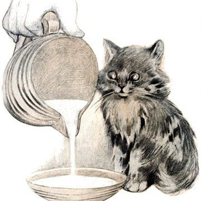 vintage retro kitsch whimsical black cats kittens monochrome black white sitting milk meals food feeding pitcher bowl