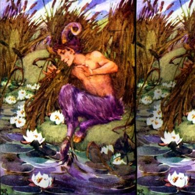 fantasy myths mythical folk fairy tales satyrs lakes ponds cattails lotus lily lilies rivers music piper flute musician roman greece greek vintage retro kitsch 