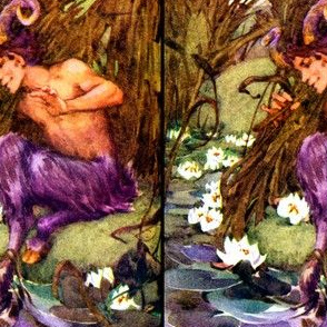fantasy myths mythical folk fairy tales satyrs lakes ponds cattails lotus lily lilies rivers music piper flute musician roman greece greek vintage retro kitsch 