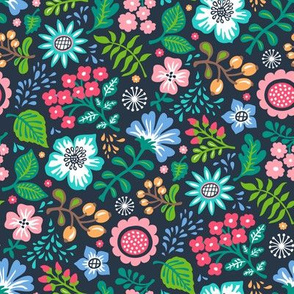 Bohemian Botanical Flowers Floral on Navy