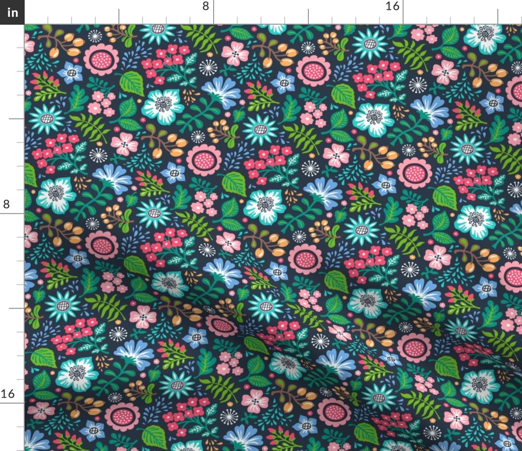 Bohemian Botanical Flowers Floral on Navy