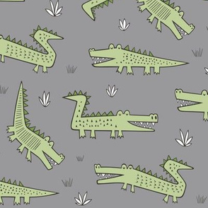 Alligators Crocodile Green on Grey