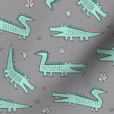 Alligators Crocodile Mint on Grey