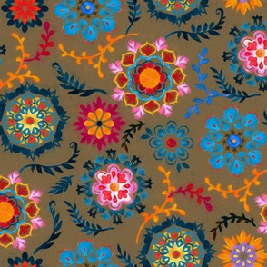 Suzani inspired flowers on dark brown - small