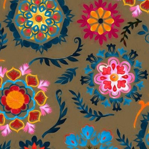 Suzani inspired flowers on dark brown - large