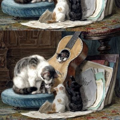 cats kittens mother children pussy family guitars music musical notes vintage antique