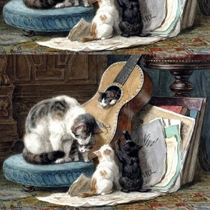 cats kittens mother children pussy family guitars music musical notes vintage antique