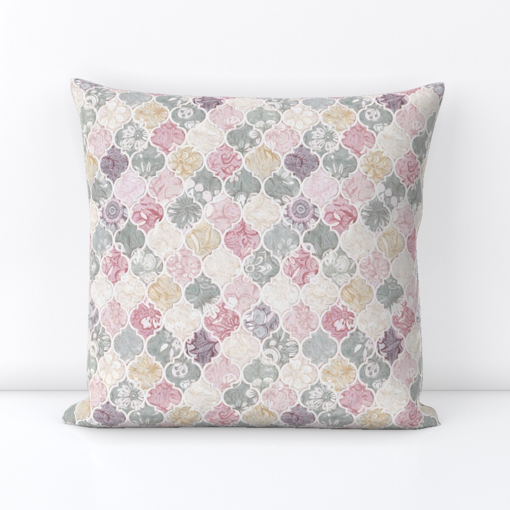 Dusky Rose, Cream and Grey Floral Moroccan Tiles