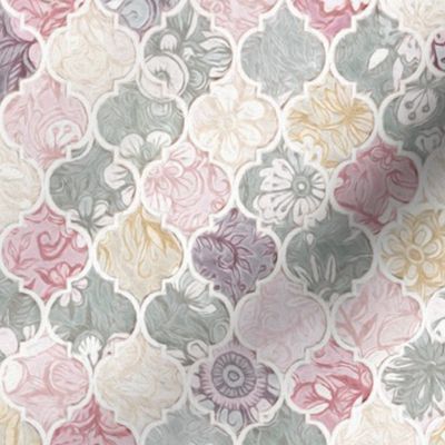 Dusky Rose, Cream and Grey Floral Moroccan Tiles