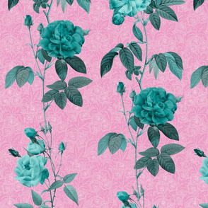 Antique Roses - vertical rows - minty on pink