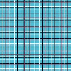 Turquoise, black, gray, white, red small scale plaid