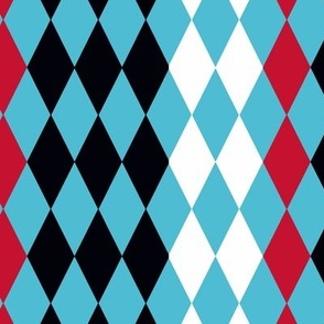 Turquoise, Red, black , white harlequin diamonds