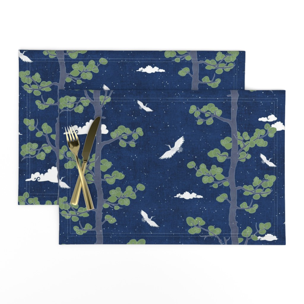 Forest Fabric, Crane Fabric | Indigo Japanese print fabric, bird fabric (medium scale)