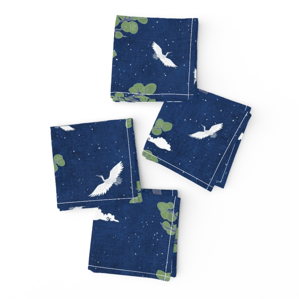 Forest Fabric, Crane Fabric | Indigo Japanese print fabric, bird fabric (medium scale)