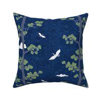 Forest Fabric, Crane Fabric | Indigo Japanese print fabric, bird fabric (medium scale)