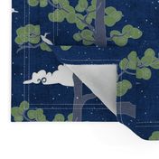 Forest Fabric, Crane Fabric | Indigo Japanese print fabric, bird fabric (medium scale)