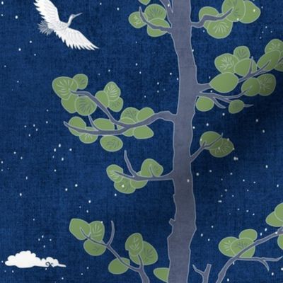 Forest Fabric, Crane Fabric | Indigo Japanese print fabric, bird fabric (medium scale)