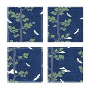 Forest Fabric, Crane Fabric | Indigo Japanese print fabric, bird fabric (medium scale)