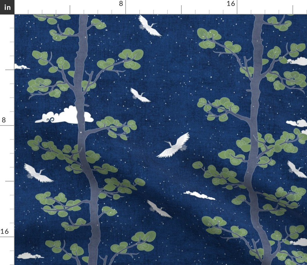 Forest Fabric, Crane Fabric | Indigo Japanese print fabric, bird fabric (medium scale)