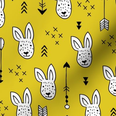 Cool white bunny and geometric arrows spring easter design in gender neutral mustard yellow